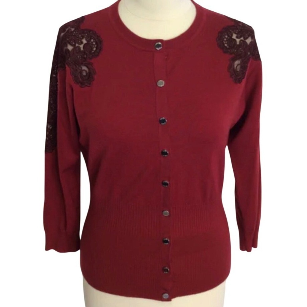 Karen Millen Dark Red Lace Applique Cardigan Sweater‎ Size 1 XS